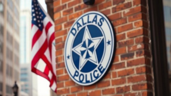 Dallas police emblem on building wall, related to off-duty work policy changes.