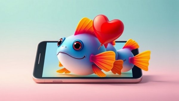Puffer fish emerging from phones with heart balloon, symbolizing modern dating.