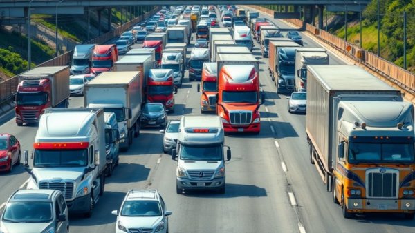 Heavy traffic on highway with trucks and cars, highlighting dangerous unqualified truckers.