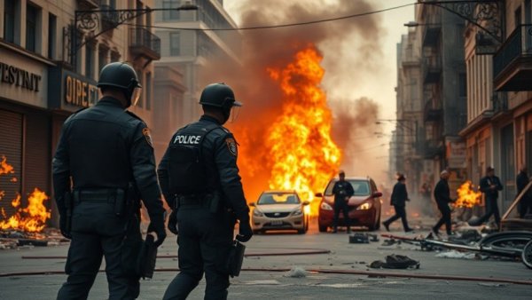 Destruction from Iran war and U.S. military involvement unfolds on city street.