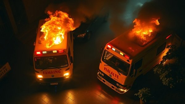 Flaming ambulances at night representing antisemitic attacks worldwide
