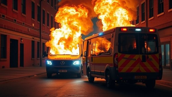 Emergency ambulances on fire, representing danger and chaos.
