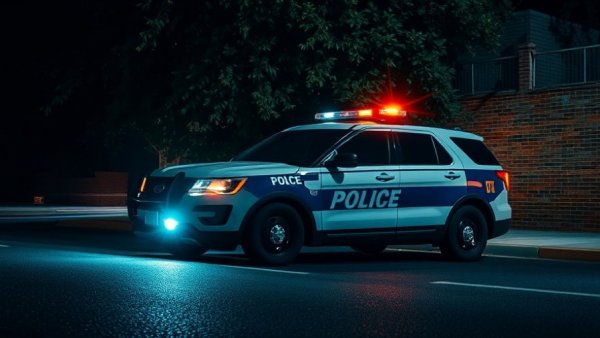 Police vehicle with flashing lights on scene at night in San Antonio.