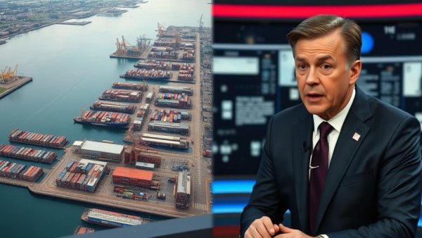 Analyzing US-Iran relations with news broadcast and industrial aerial view.