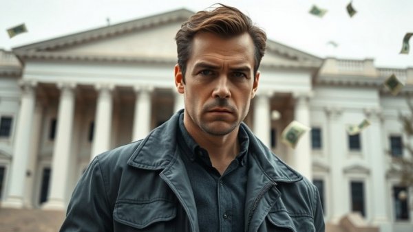 Newsom lawyer up: Man in gray jacket before classical building with money floating.