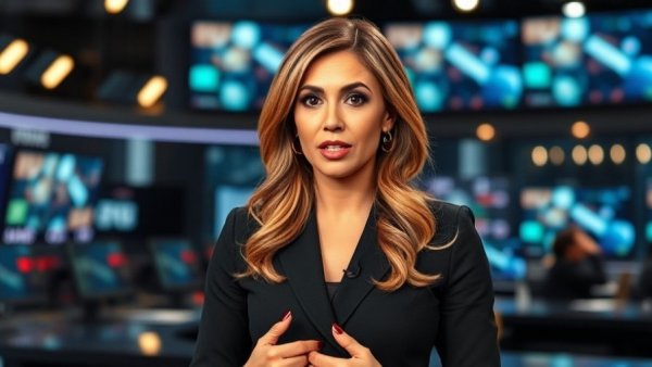 Focused news anchor delivering breaking national news update.