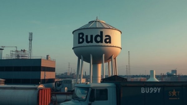 $80M industrial project in Buda with water tower and vehicle.