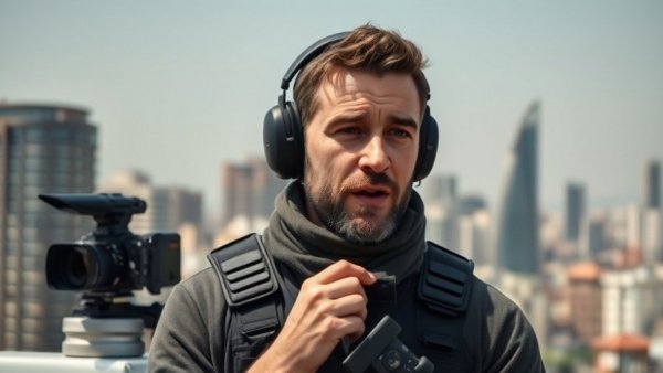 US news articles' reporter in Tel Aviv giving a live broadcast.