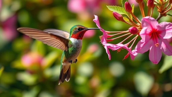Hummingbird feeding from pink flower in a vibrant garden.