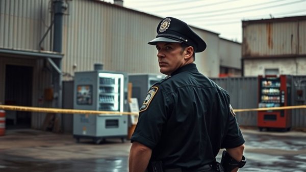 Houston police officer at crime scene near industrial building.