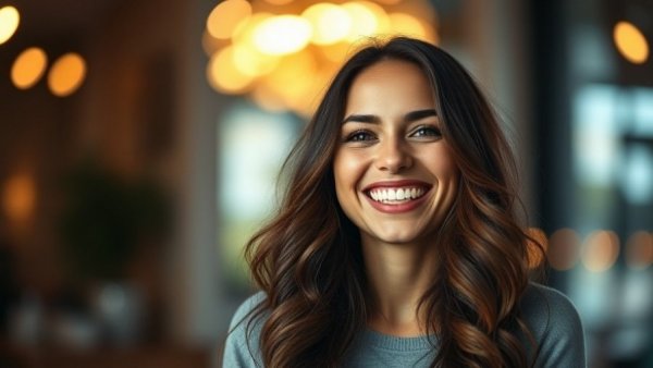 Taylor Frankie Paul smiling, long hair indoors, blurred background.