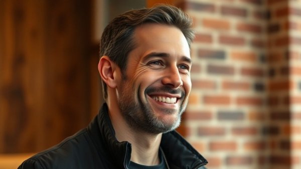 Smiling man in a black jacket against a wooden and brick backdrop
