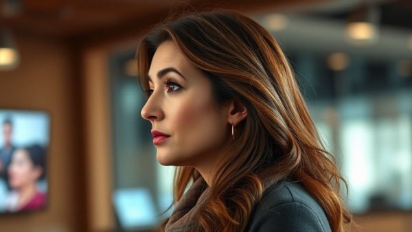 Thoughtful woman in a news interview raising missing persons awareness