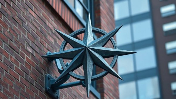 Dallas news: metallic compass sculpture on brick building facade.