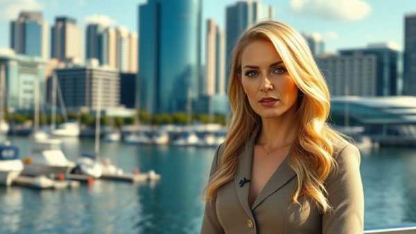 Breaking US news anchor with cityscape marina background.
