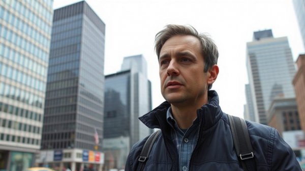 Reporter in urban cityscape discussing UAE missile action, skyscrapers visible.