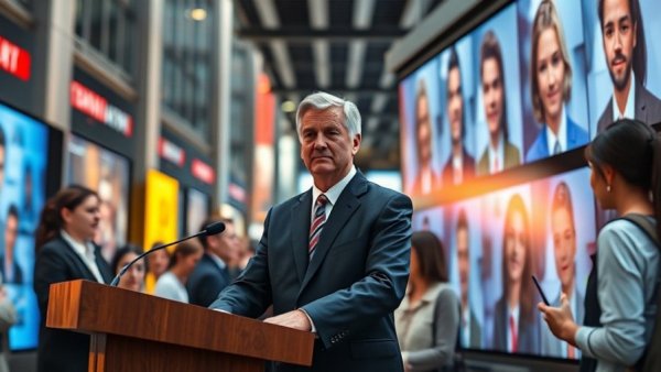 Social media trial verdict depicted with speaker and digital screens.