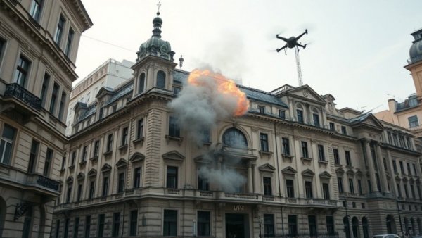Historic Lviv building exploding during drone strike in Ukraine