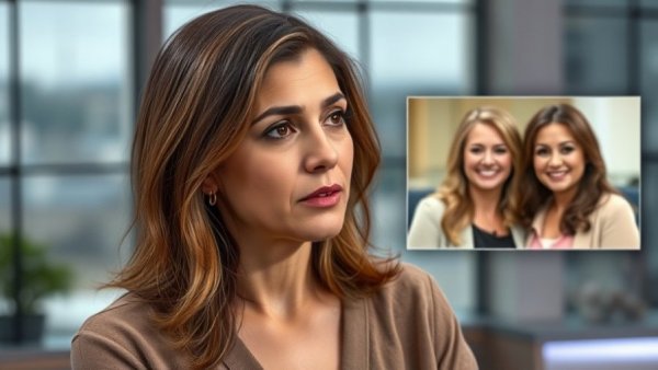 Woman in interview discussing mother's disappearance, inset image of two smiling women.