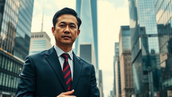 Middle East correspondent reporting in front of skyscraper cityscape.