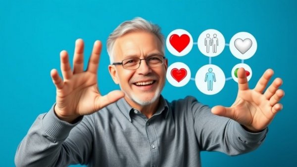Middle-aged man promotes tightening loose skin over 40 with health icons.