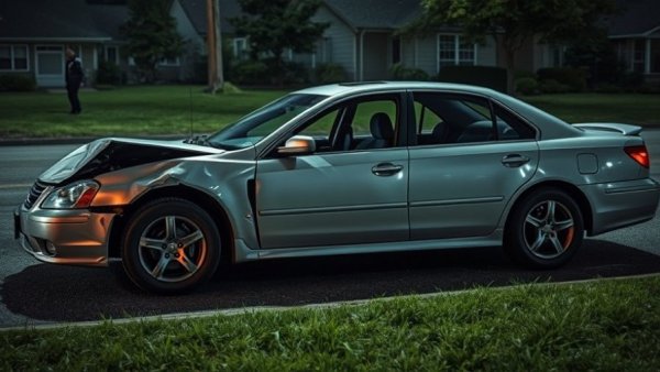 Houston car accident news scene with damaged silver sedan at night.