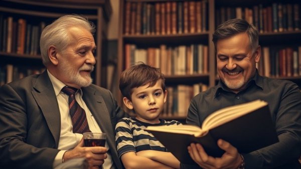 Three generations reading together in a vintage study setting.