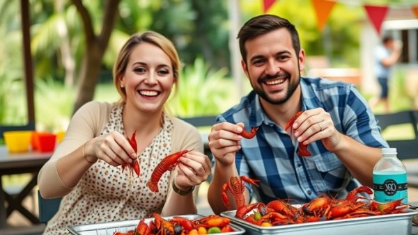 Dallas Crawfish Boil: Couple enjoying outdoor event.