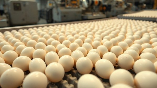 Eggs moving on conveyor belt represent egg prices decline.