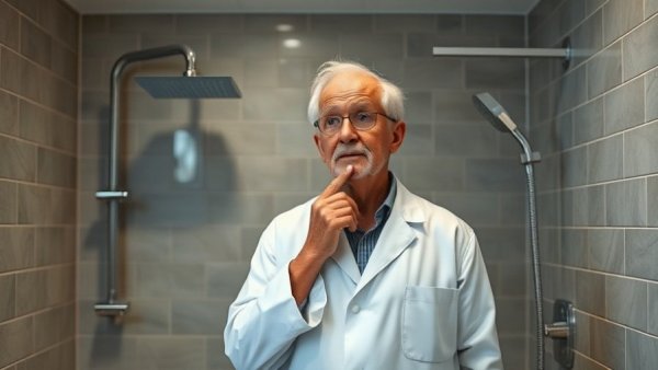 Elderly man in lab coat pondering the benefits of cold showers.