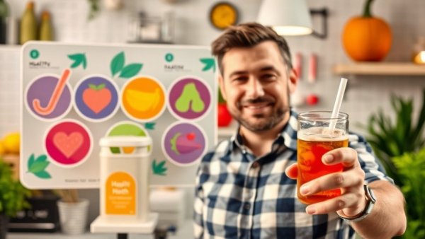 Drink 1 cup per day to tighten loose skin graphic with man promoting health benefits.