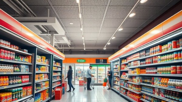 Fully stocked gas station store shelves.