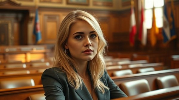 Young woman in courtroom attentive during police accountability verdict.