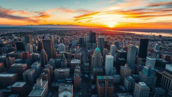 Aerial cityscape at sunset with mountains, illustrating women outearn men.
