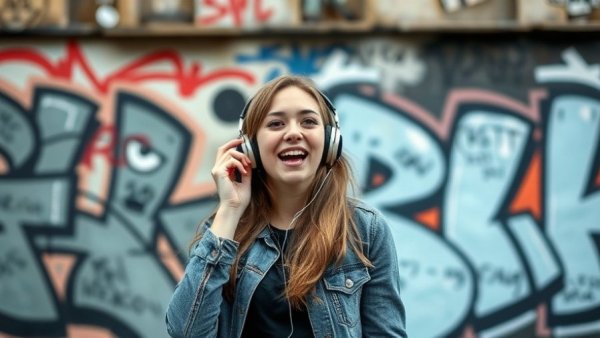 Young woman in graffiti background discussing parallel parking competition in Austin.