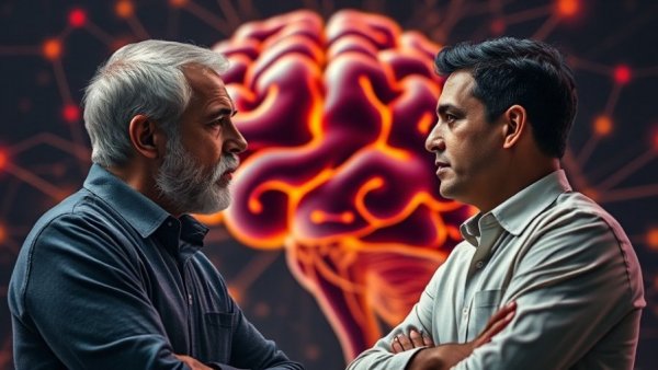 Two people discussing identity and physical healing with brain illustration.