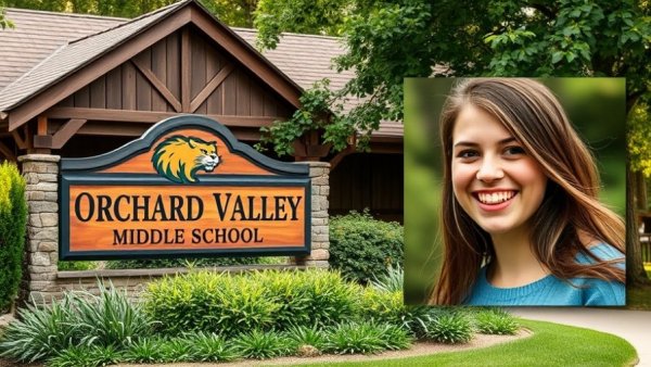 Orchard Valley Middle School sign and woman's portrait, New Jersey teacher.