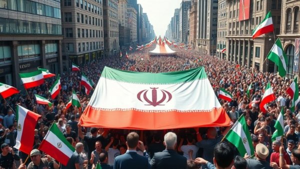 Crowded square with Iranian flag indicating Iran's democracy readiness.