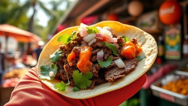 Austin lifestyle taco with beef, cilantro, and onions outdoors.