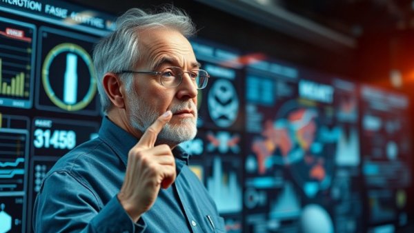 Senior man engaging with scientific graphics for mental wellness.