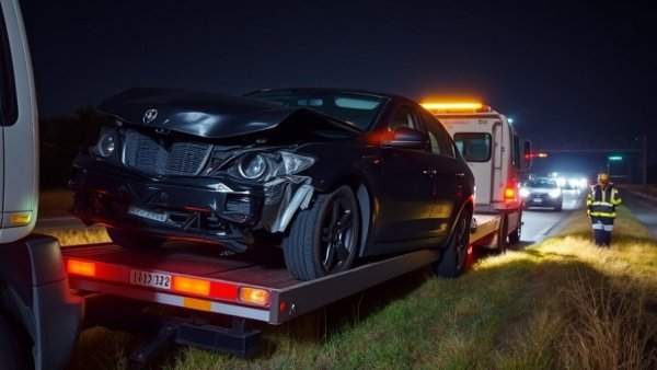 San Antonio news: car accident at night being loaded onto tow truck.