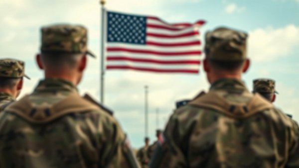 Blurred soldiers standing before an American flag, related to '10,000 more ground troops to Mideast'.
