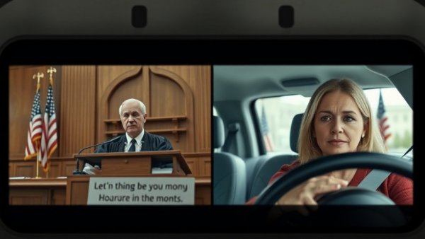 Digital communication depicting judge and woman video call, national news headlines.