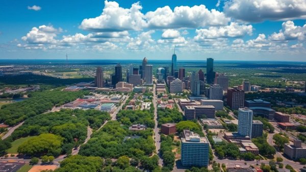 Aerial view of Austin city, highlighting urban and green areas and housing development, related to austin housing development incentives.