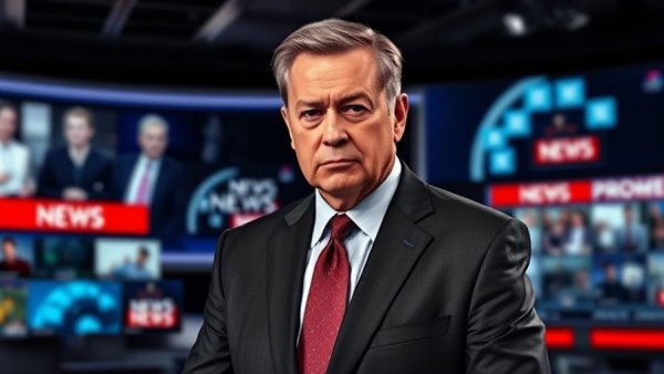 Serious mature man discussing leverage in business on news channel.