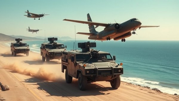 Military forces maneuver on beach depicting 'boots on the ground' meaning.