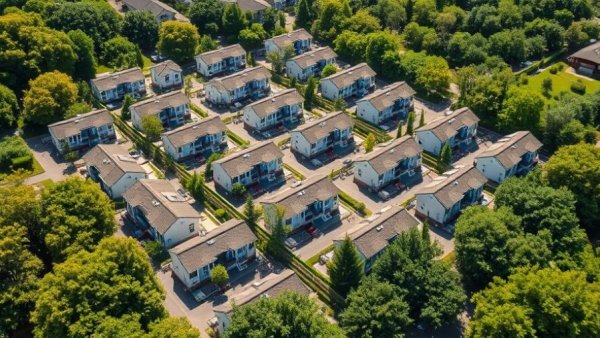 DFW planned community aerial view showing small housing units and greenery.