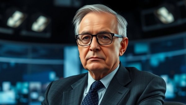 Distinguished man in TV studio, composed expression, news setting.