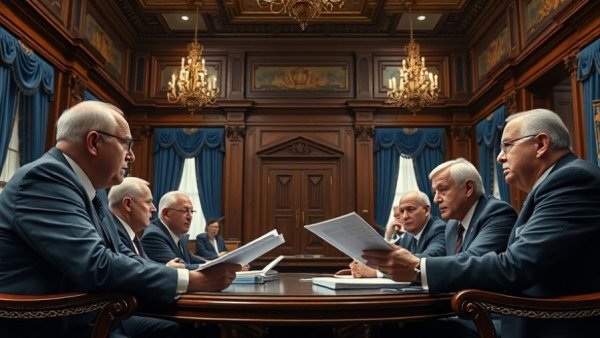 Government officials discuss DHS funding in an ornate meeting room.