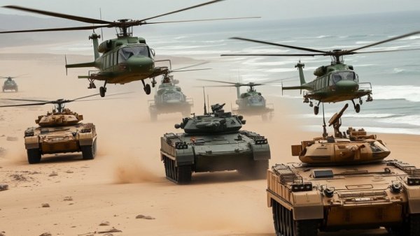 Military exercise demonstrating 'boots on the ground' strategy on beach.